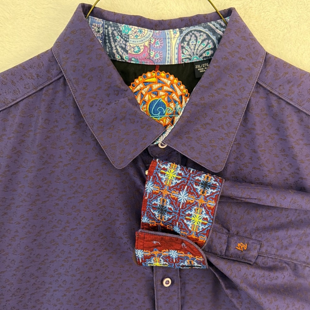 Robert Graham Mens 2XL Purple Jacquard Button Down Shirt Contrast Cuffs Cotton